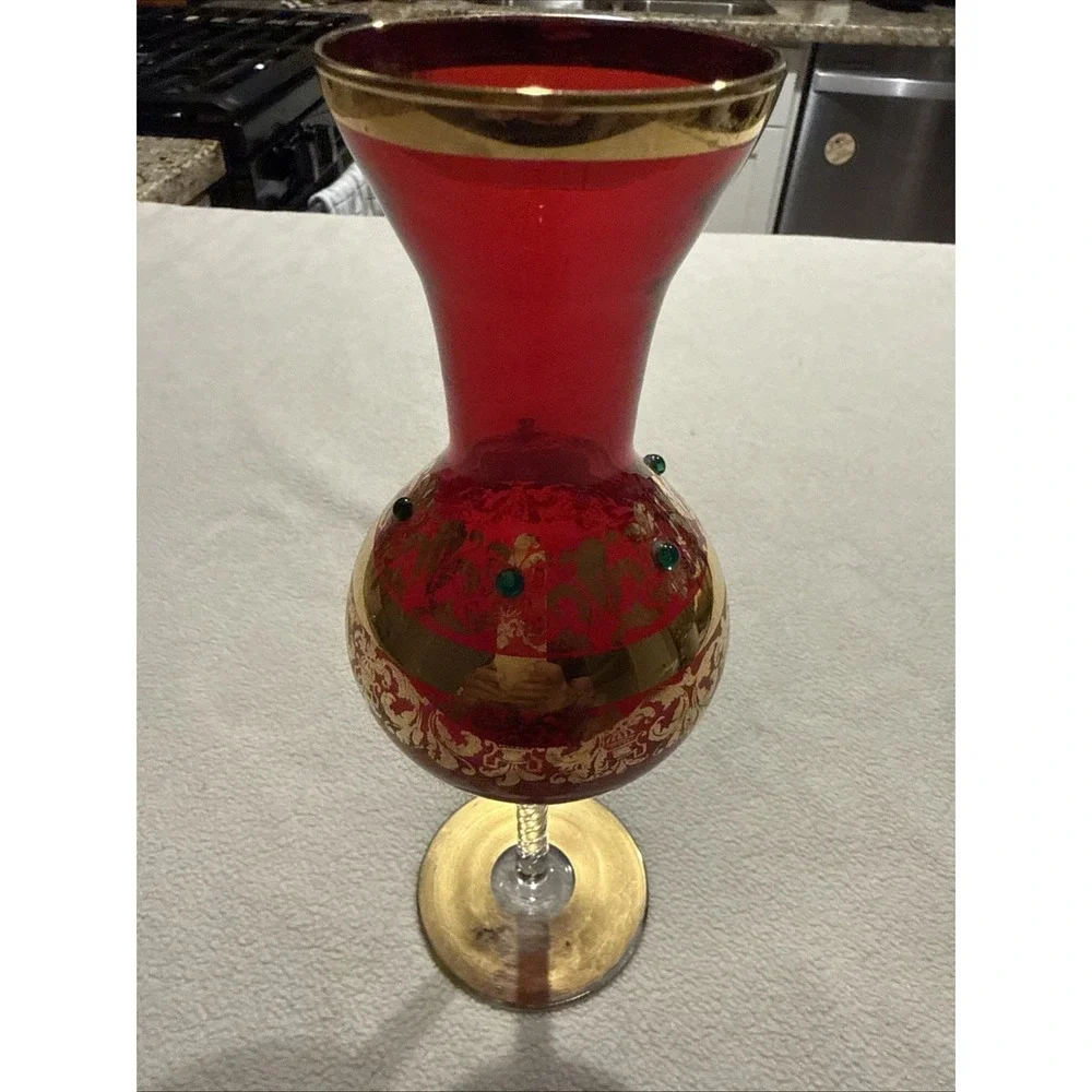 Vintage Ruby Red Bohemian Glass Footed Bud Vase With Beads